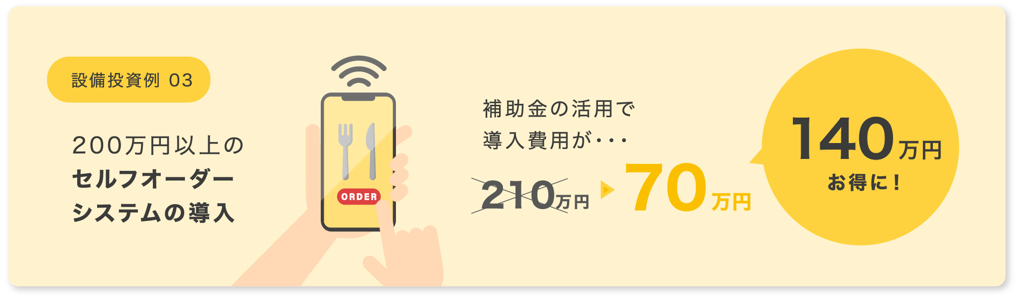 設備投資例 03：200万円以上のセルフオーダーシステムの導入 助成金で140万円お得に！